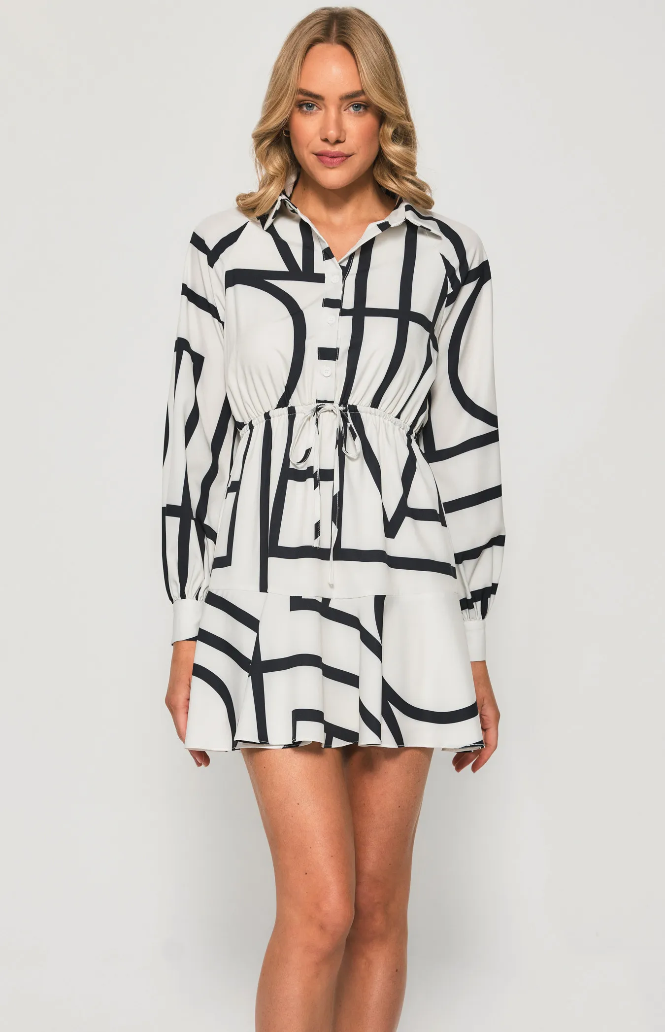 Geometric Shirt Dress with Drawstring Waist (SDR1172-2B)