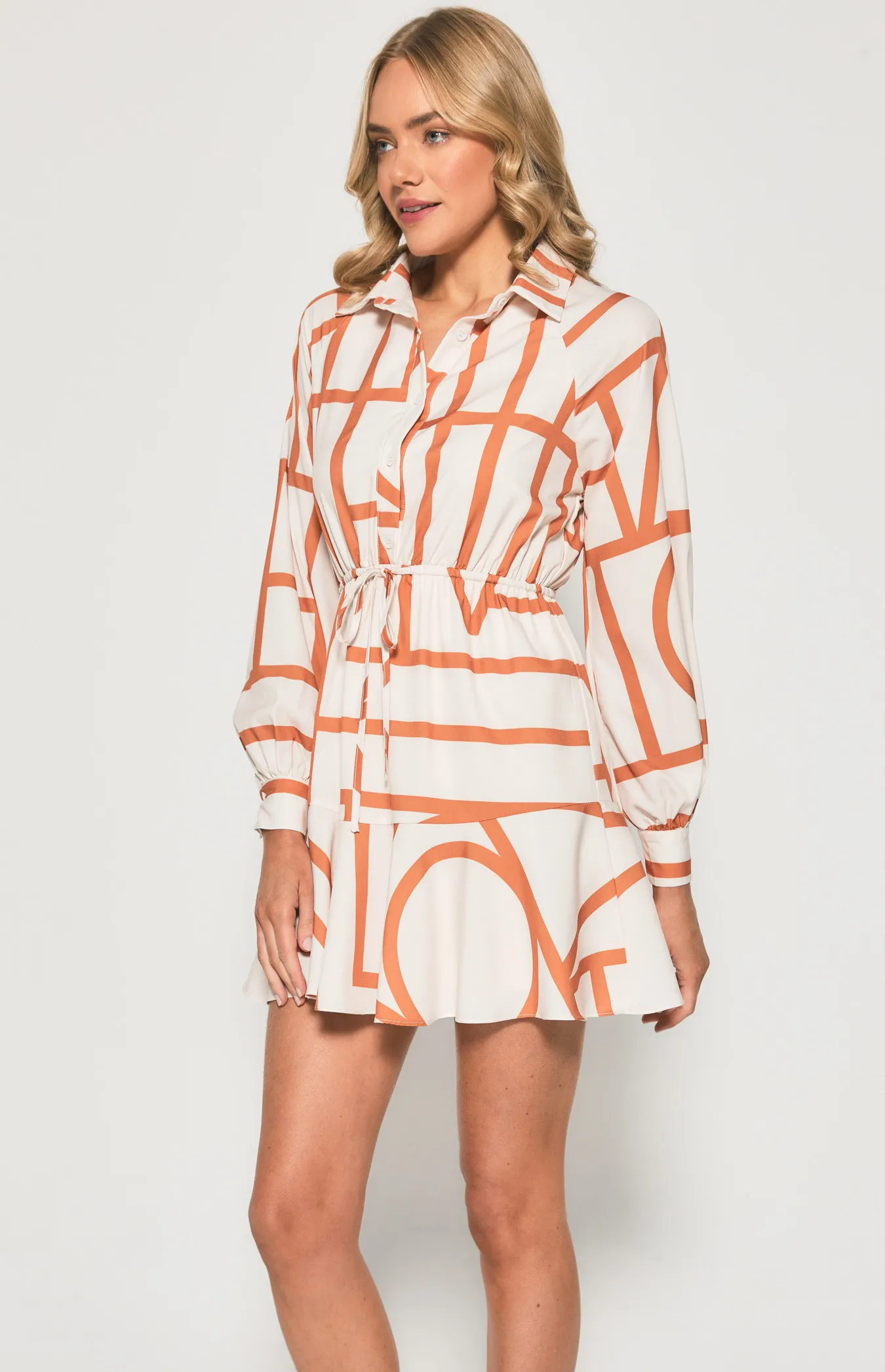 Geometric Shirt Dress with Drawstring Waist (SDR1172-2B)