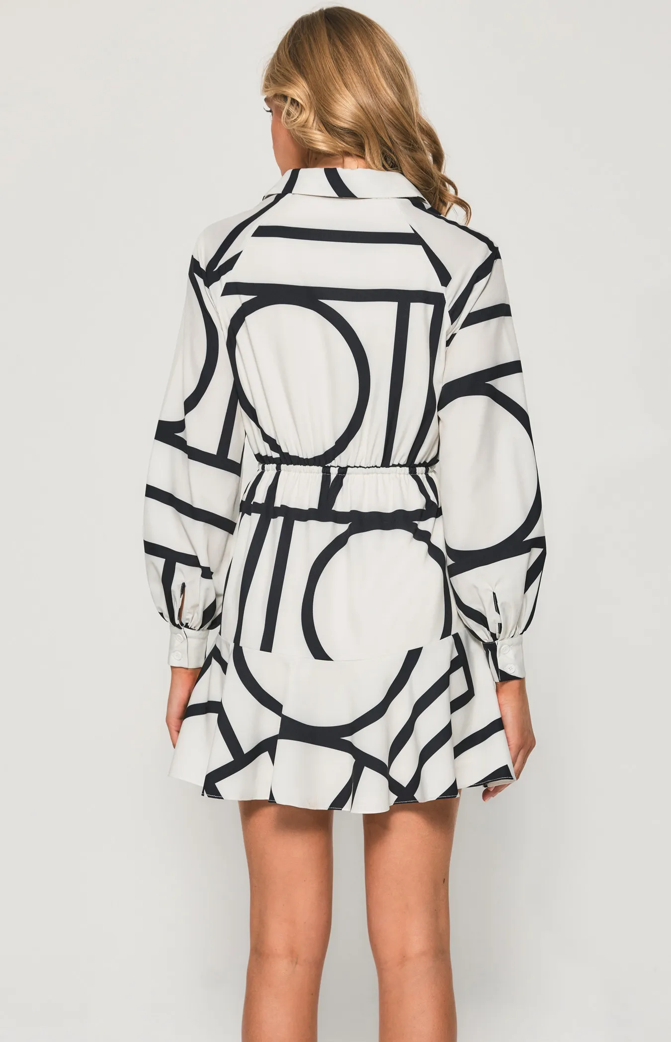 Geometric Shirt Dress with Drawstring Waist (SDR1172-2B)