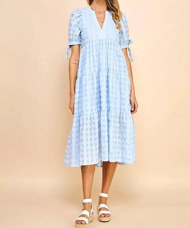 Gingham Print Tunic Dress - Light Blue