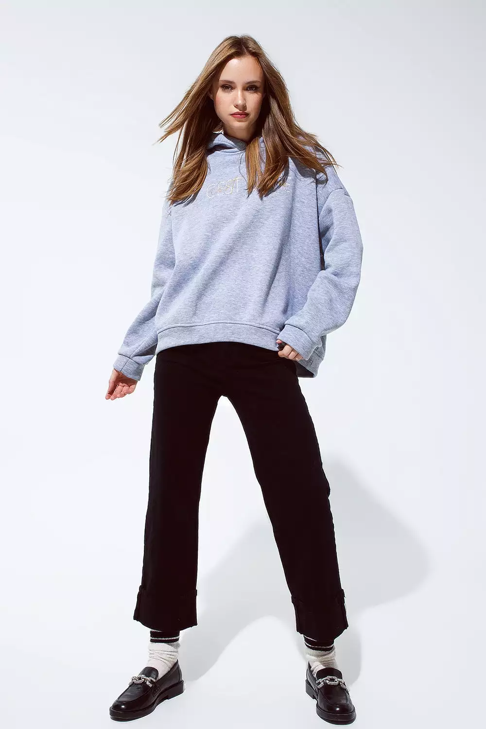 Grey Color Hoodie with Embroidered Cést La Vie Text