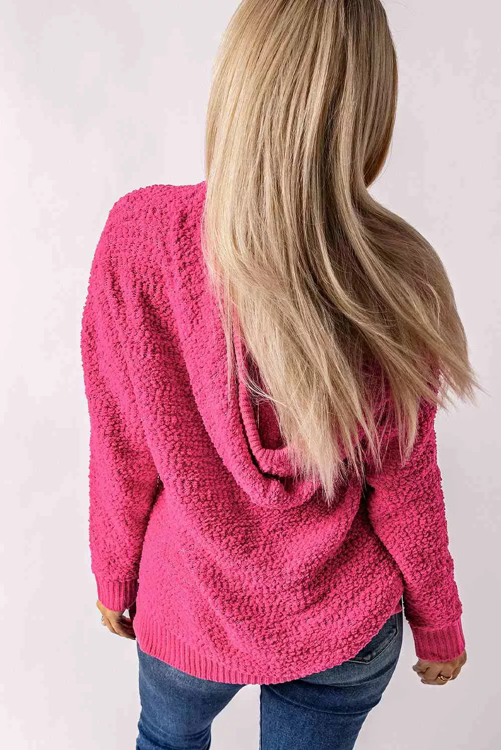 Hot Pink Popcorn Knit Slit Hooded Sweater