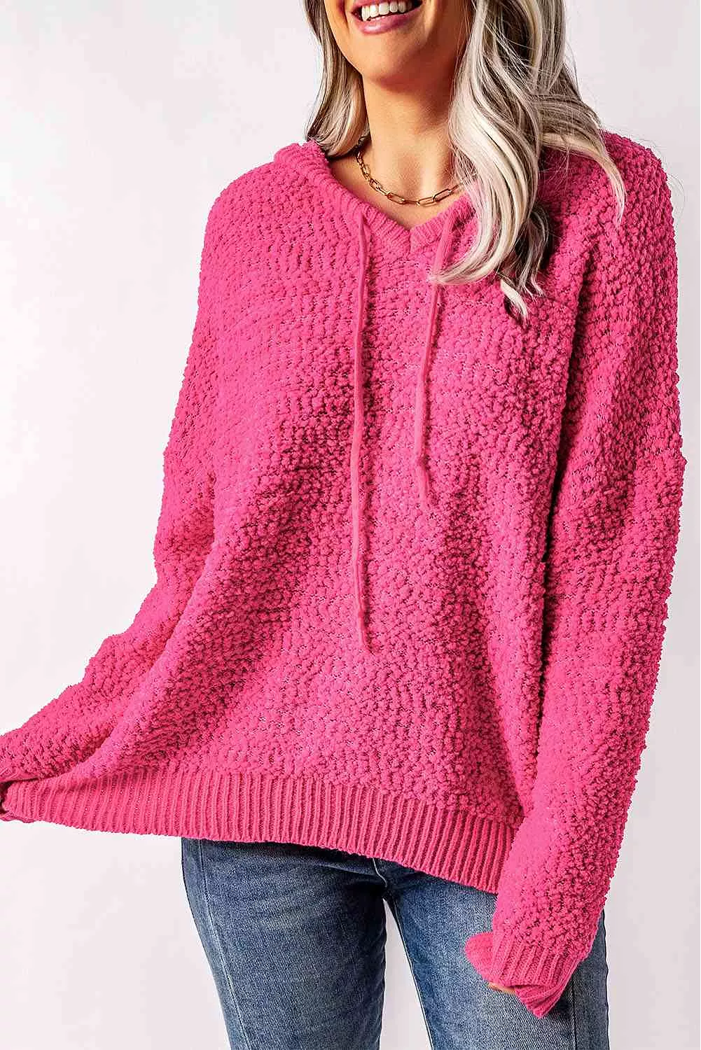 Hot Pink Popcorn Knit Slit Hooded Sweater