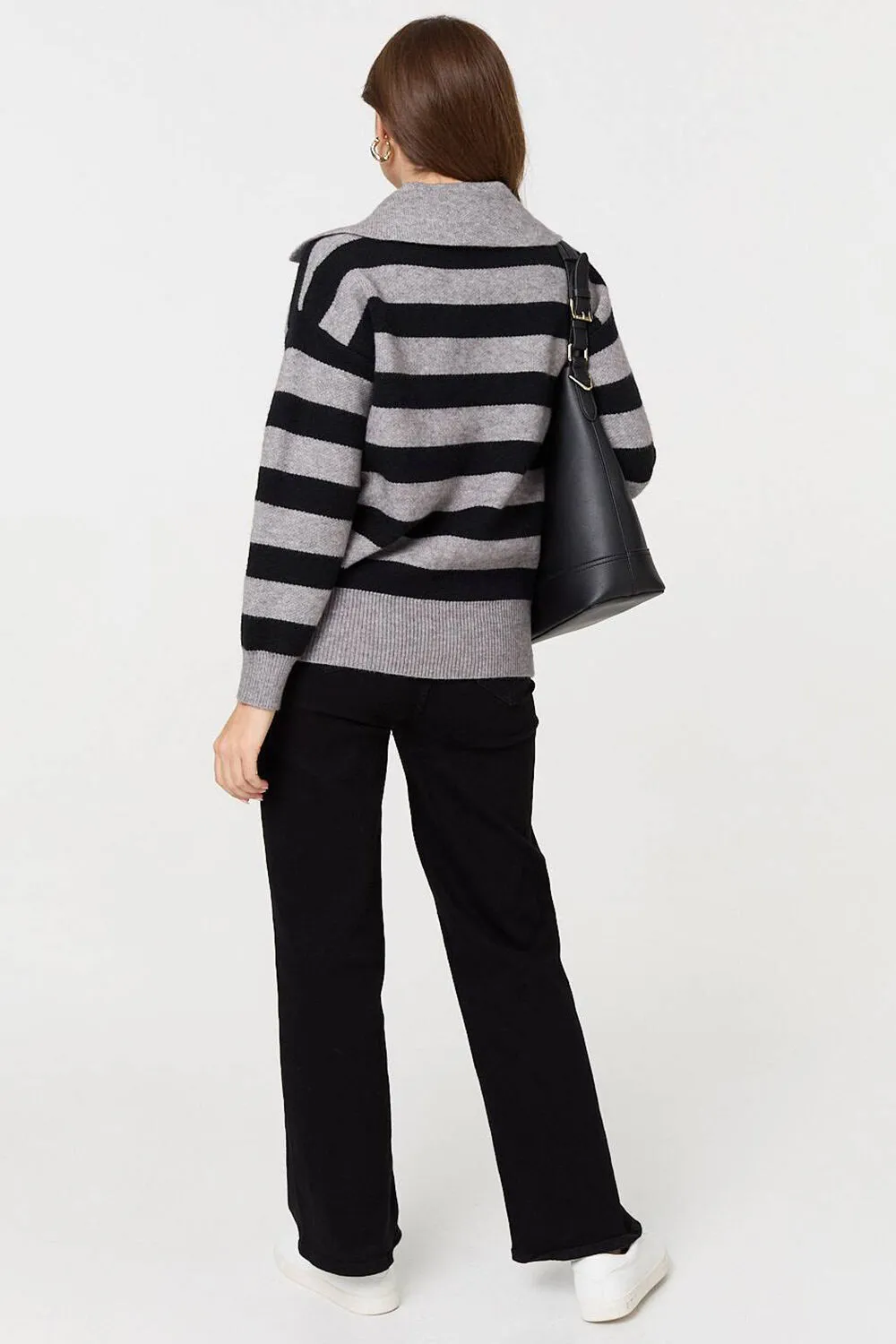 Izabel London – Striped Zip Neck Collared Pullover