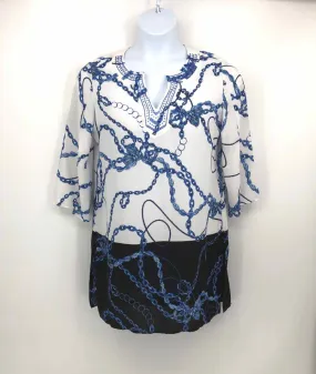 JOSEPH RIBKOFF White Blue Chain Pattern Tunic Size 8  (M) Top