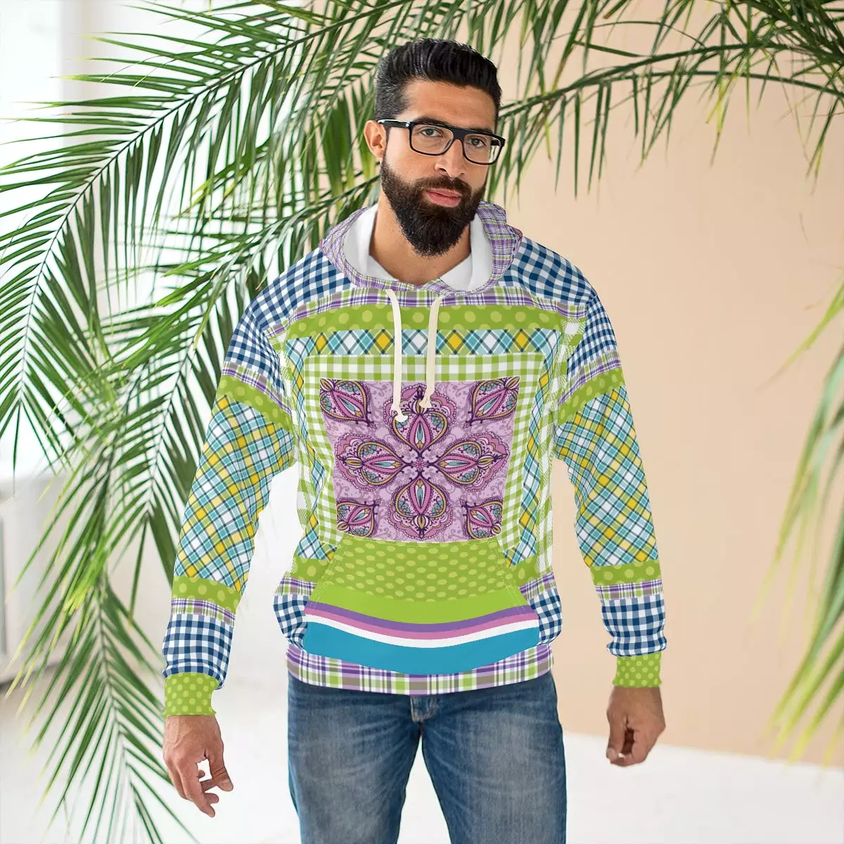 Kaleido-Scape Plaid Patchwork Unisex Pullover Hoodie