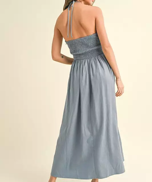 Knotted Front Halter Neck Dress - Blue