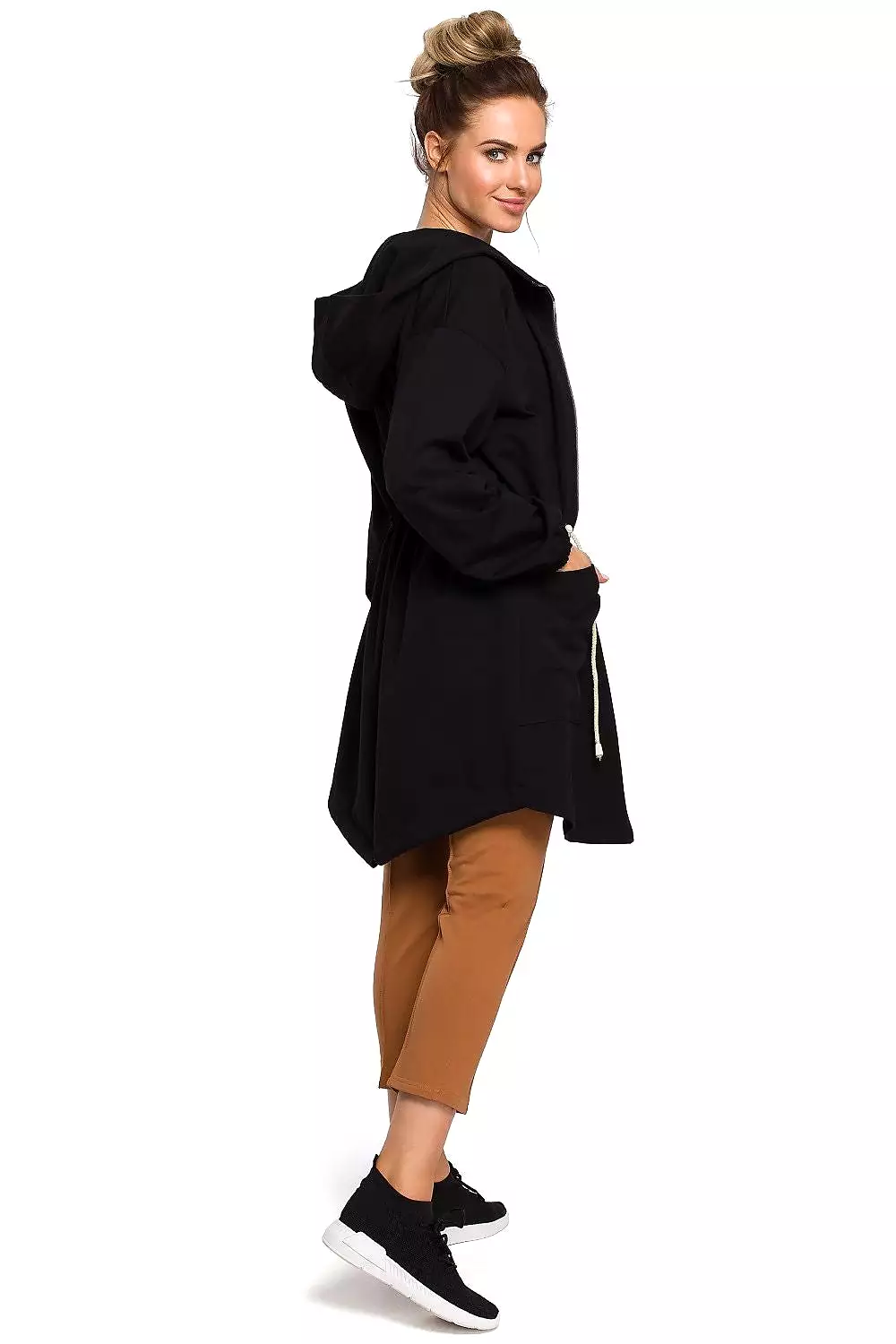 Long Sweatshirt in Black with Zipper and Waist Ties