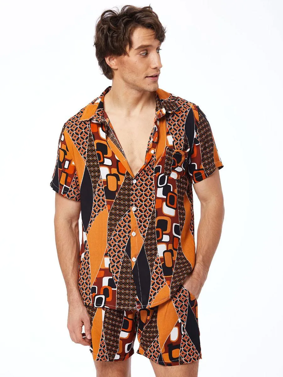 Men's Activewear 2-Piece Printed Short Sleeves Turndown Collar Orange