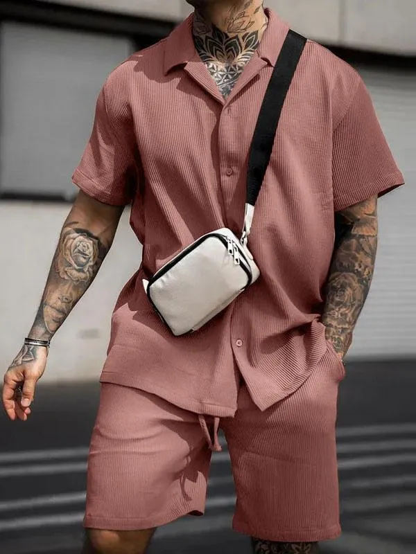 Men's Activewear 2-Piece Short Sleeves Turndown Collar Pink