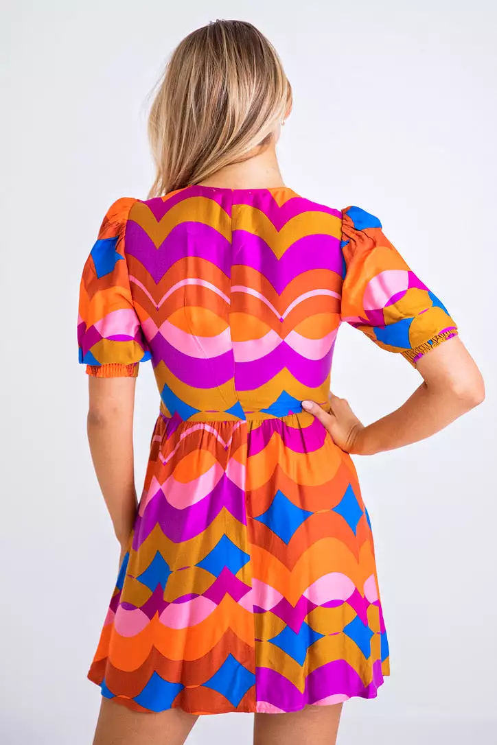 Multi 70's Swirl Puff Sleeve Dress