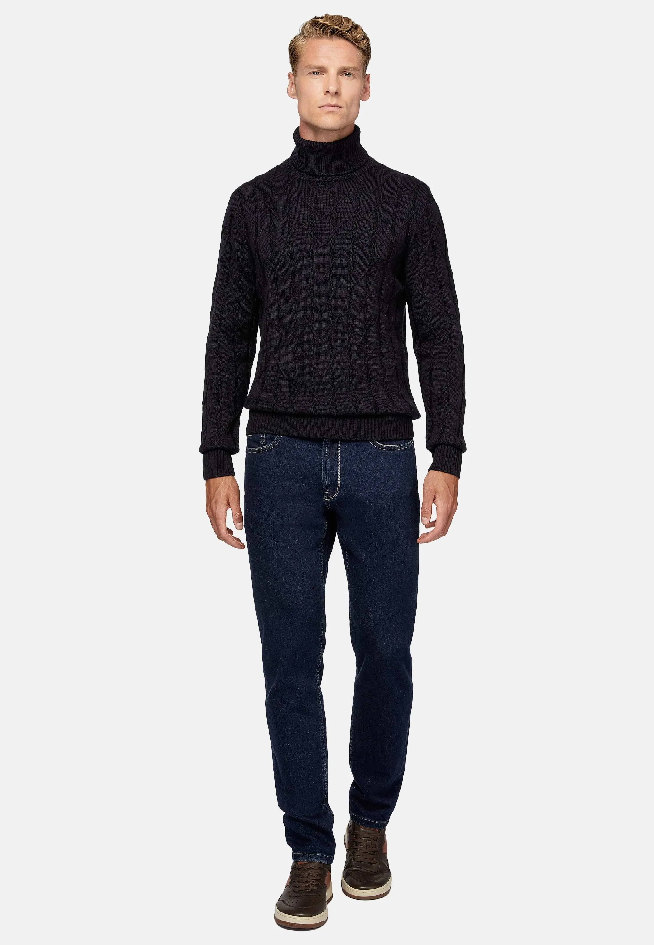 Navy Merino Wool Polo Neck Pullover