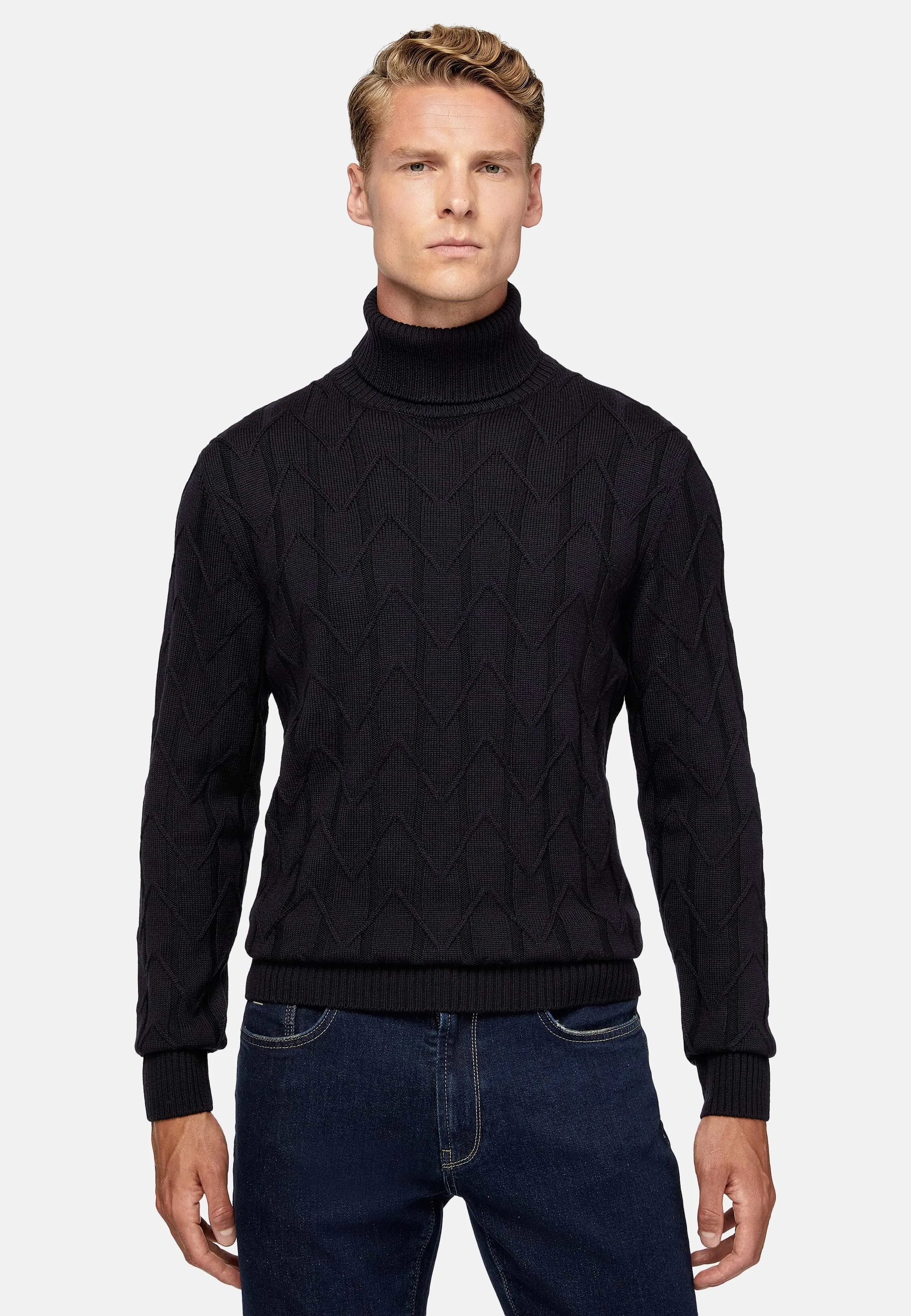 Navy Merino Wool Polo Neck Pullover