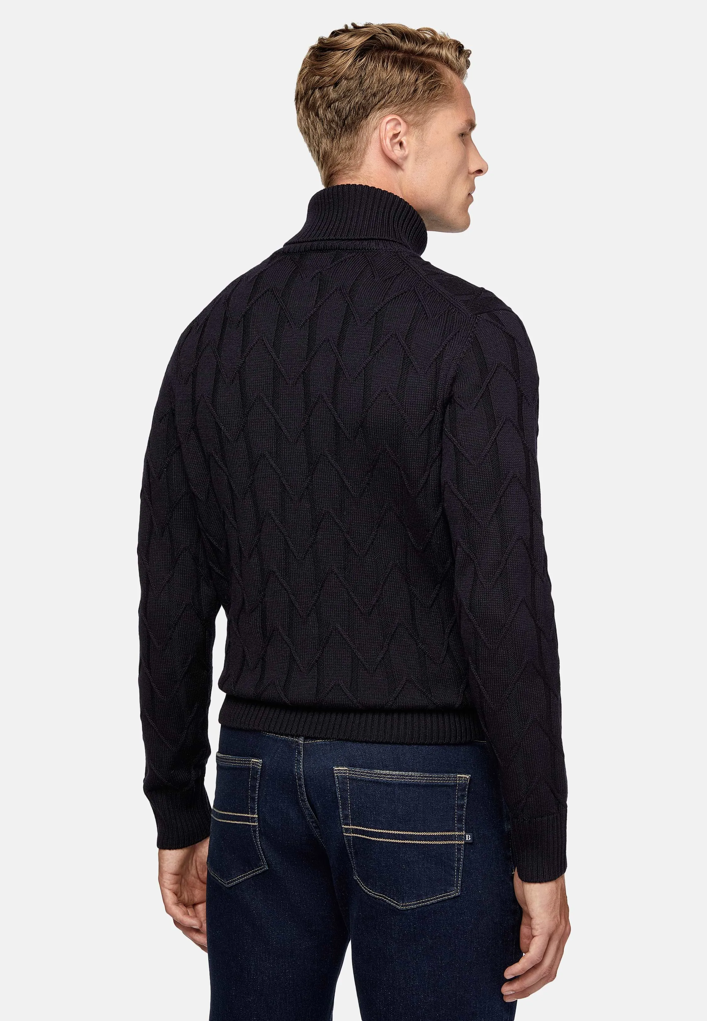 Navy Merino Wool Polo Neck Pullover