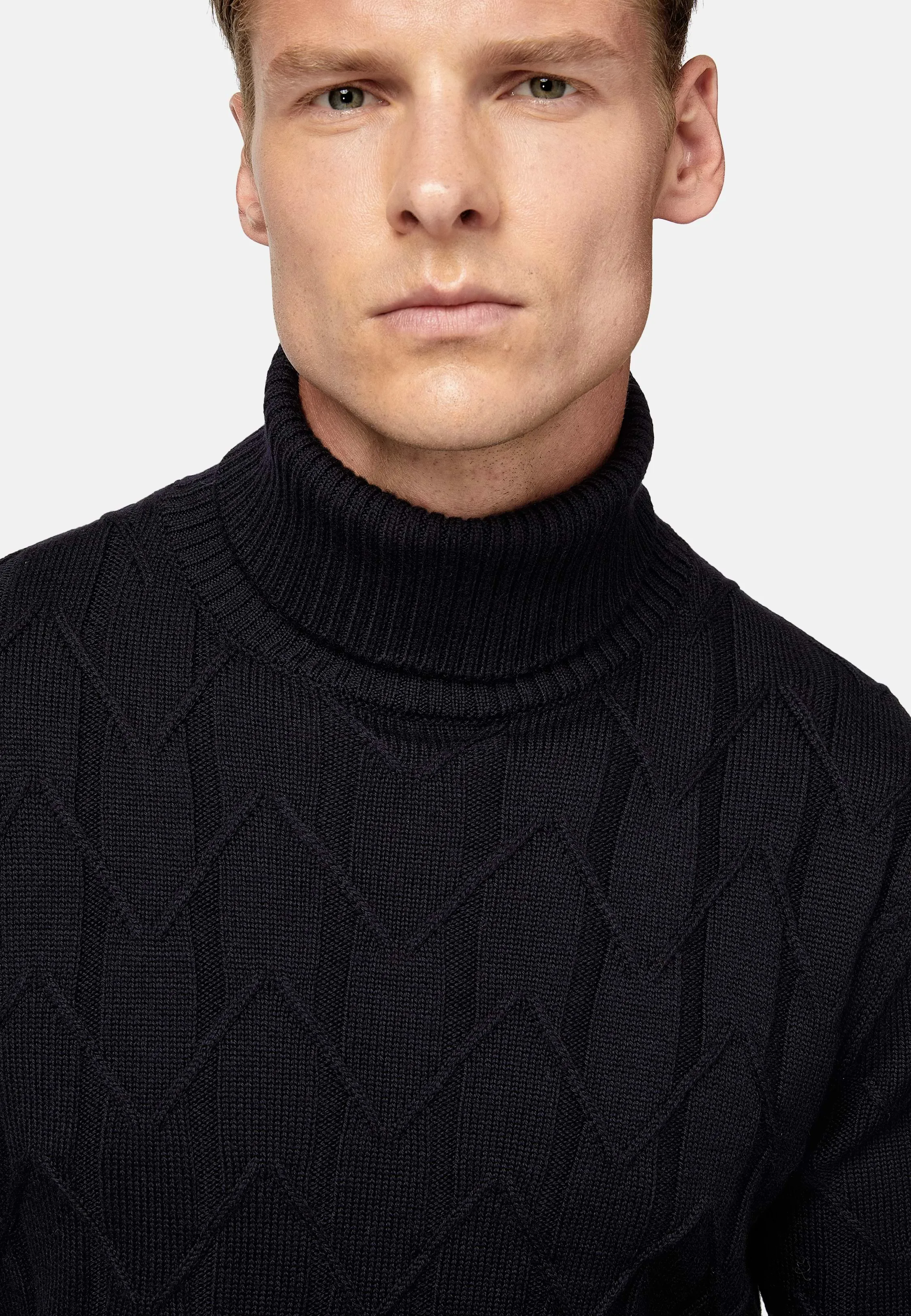 Navy Merino Wool Polo Neck Pullover