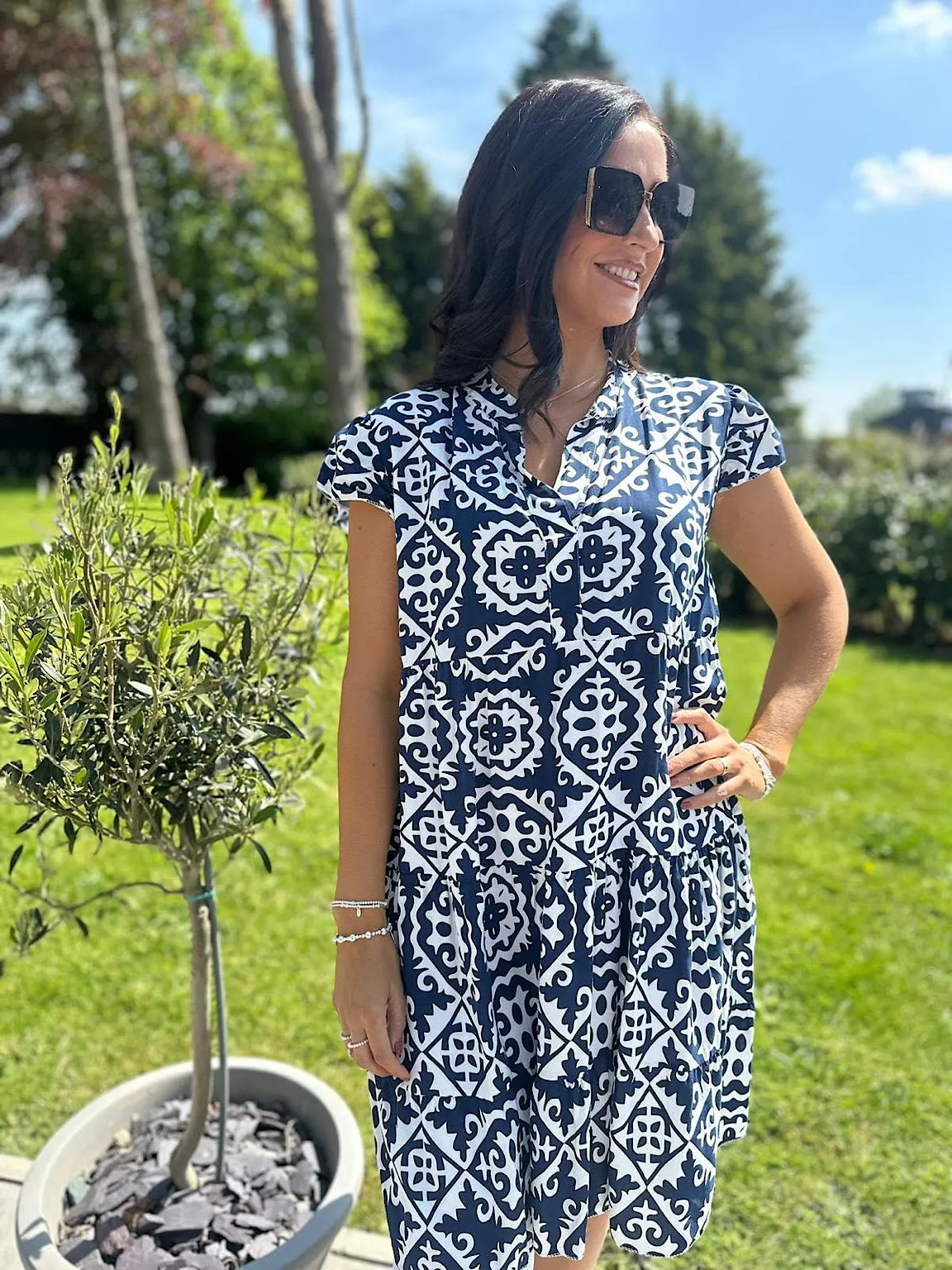 Navy Patterned Short Sleeve Tunic Vanessa