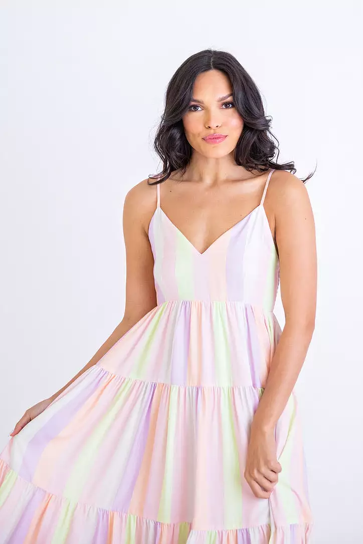 Pastel Stripe Tier Maxi Dress