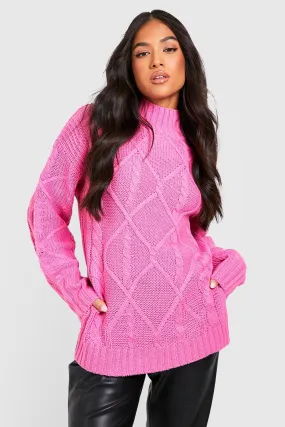 Petite Cable Knitted High Neck Split Hem Sweater