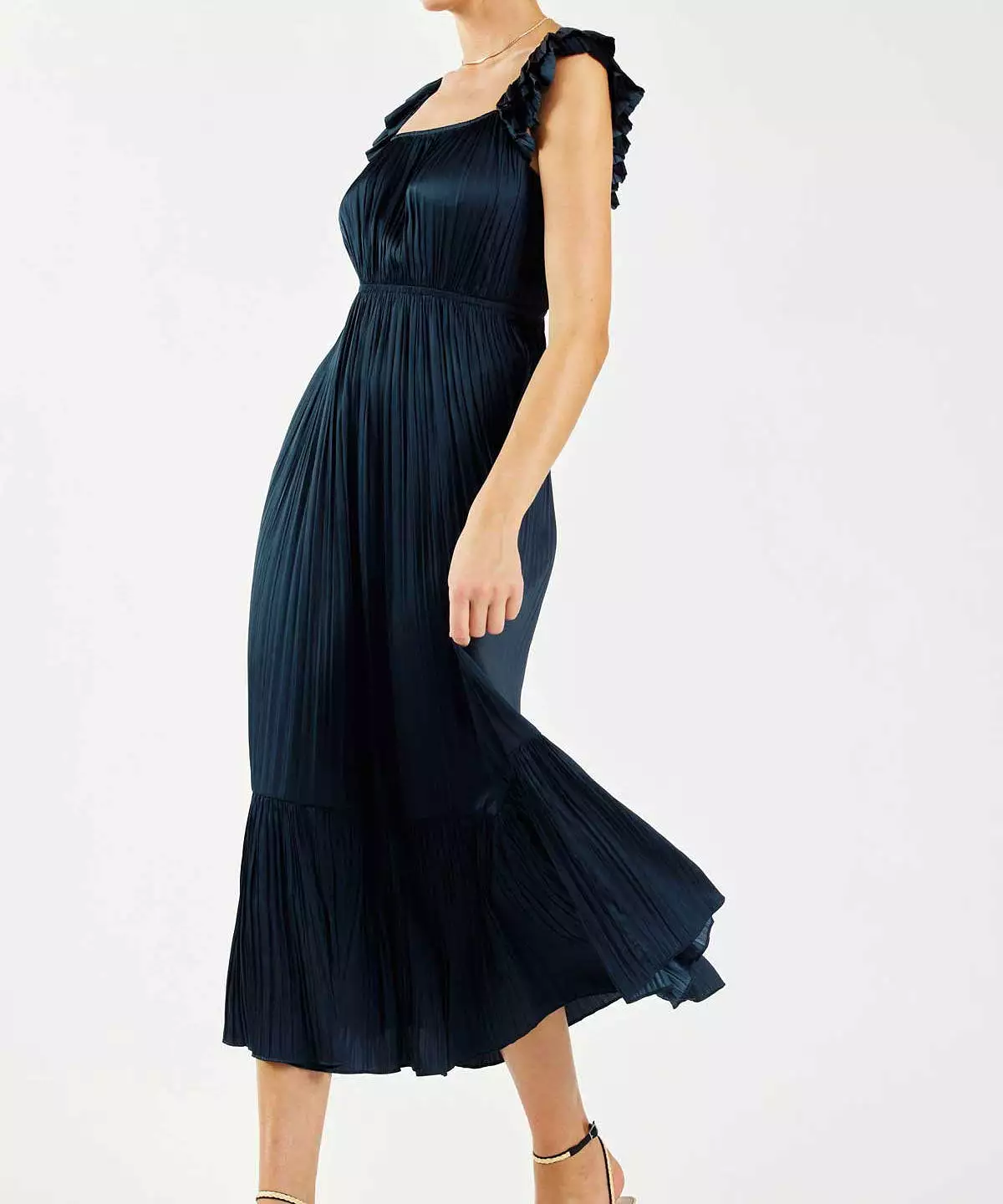 Pleated Square Neck Dress - Navy