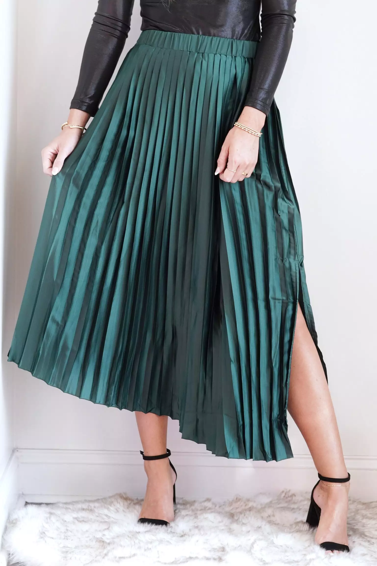 Polly Pleated Asymmetrical Hem Satin Midi Skirt