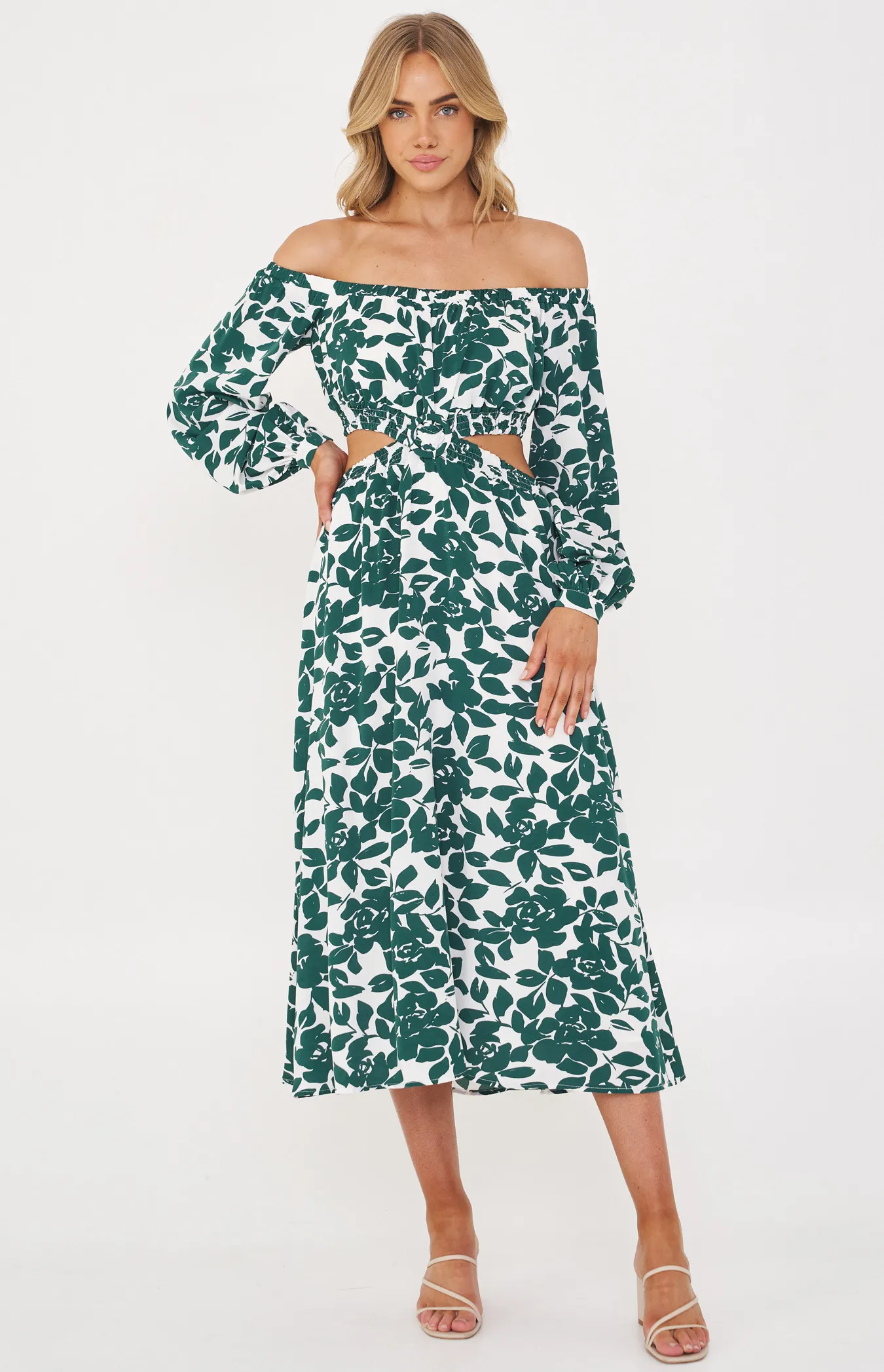 Printed Maxi Dress with Elastic Cut Out Buckle Detail (SDR1236A)