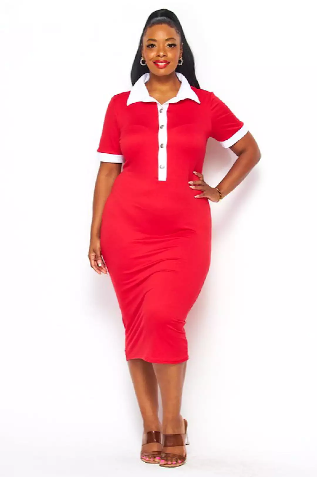 Red White Form Fitting Midi Dress