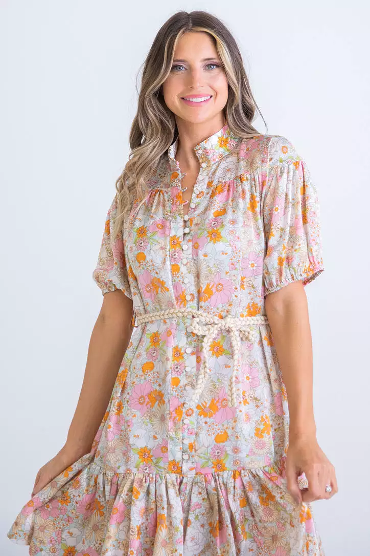 Retro Floral Rope Tie Dress