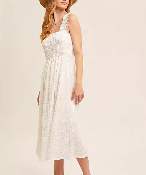 Ruffle Strap Smocked Midi Dress - Ecru