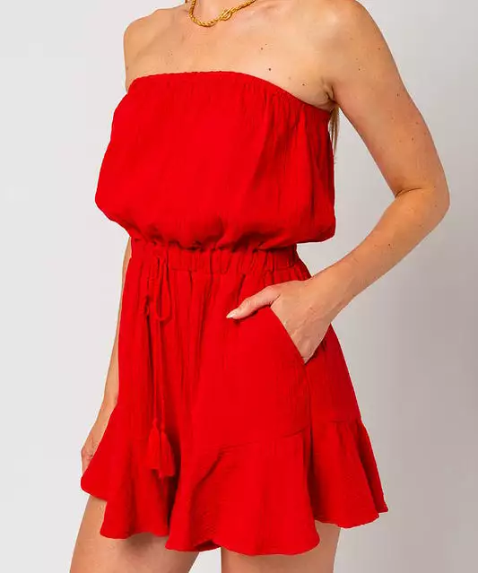 Ruffled Bottom Strapless Romper - Red