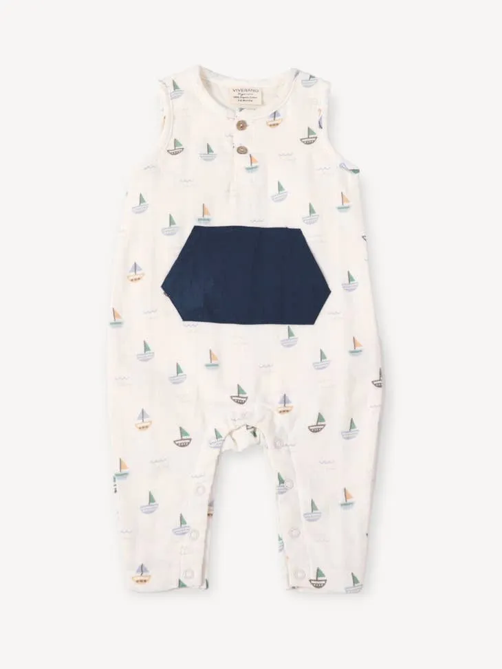 Sailboat Sleeveless Kangaroo Pocket Baby Romper (Organic Muslin)