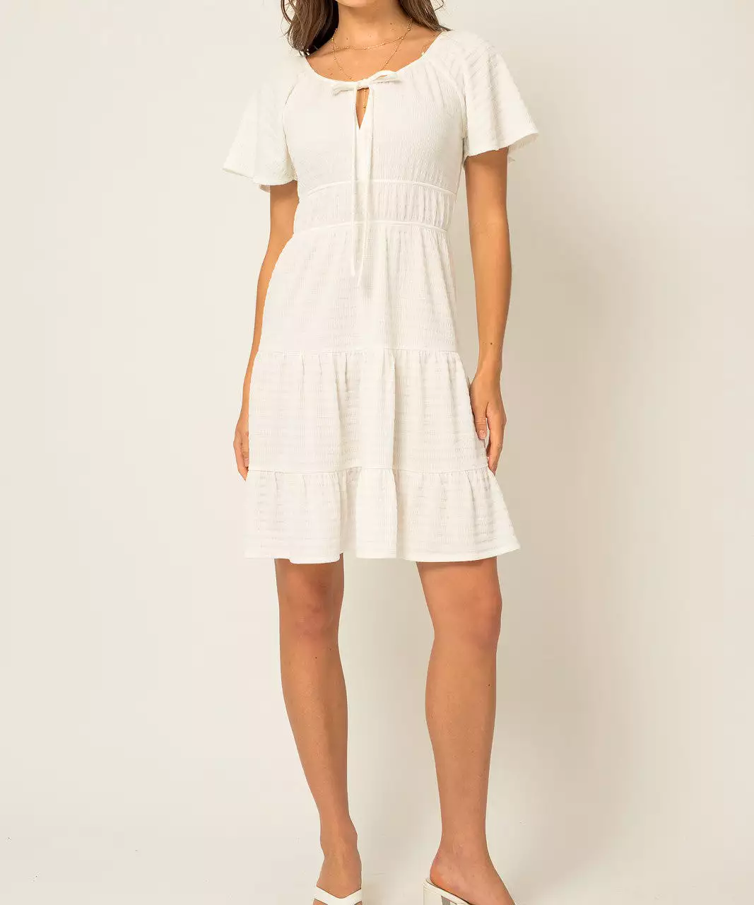 Short Sleeve Self Tie Dress - White