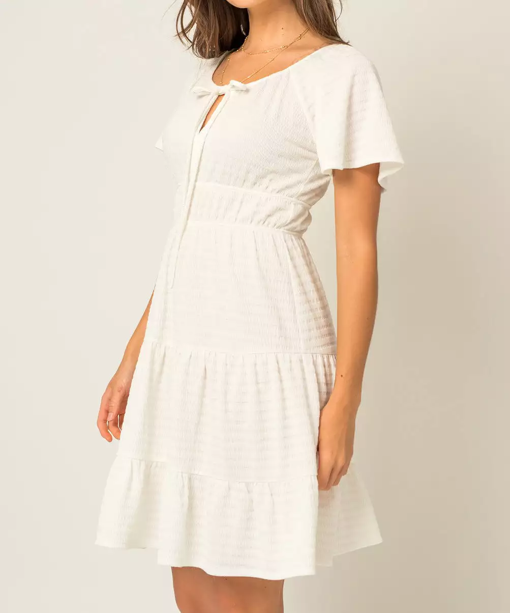 Short Sleeve Self Tie Dress - White