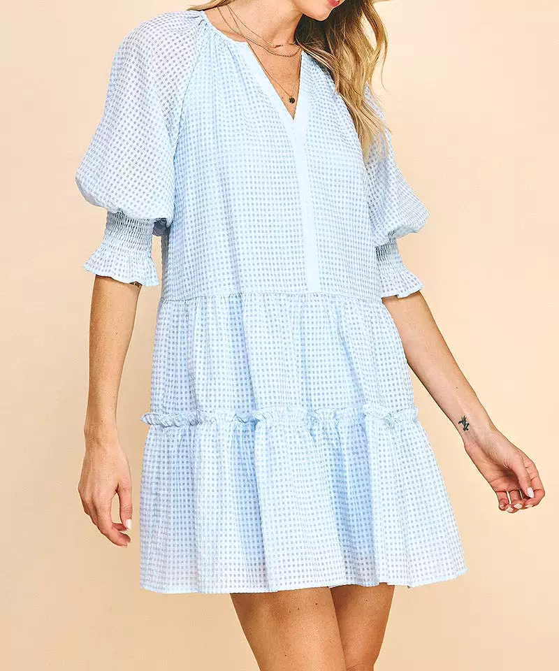 Short Sleeve Tiered Mini Dress - Baby Blue