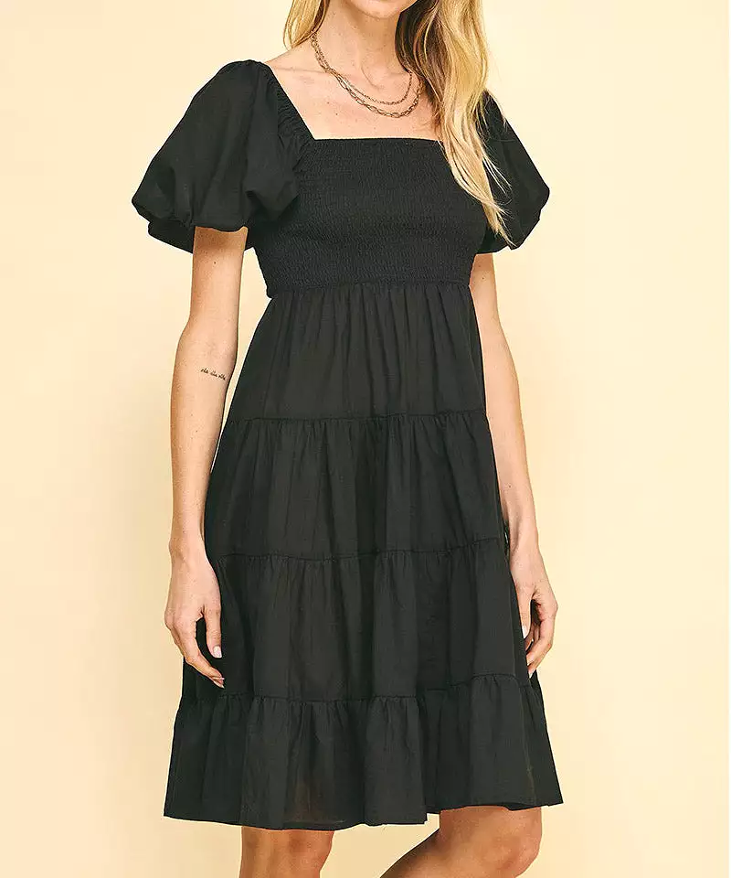 Smocked Bodice Midi Dress - Black