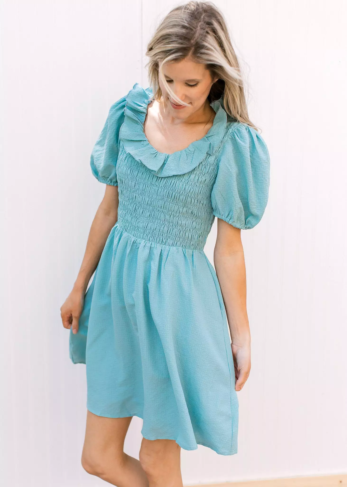 Soft Teal Smocked Ruffle Neck Dress