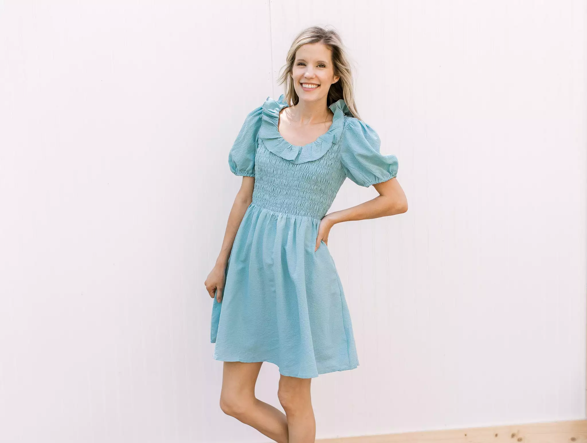 Soft Teal Smocked Ruffle Neck Dress