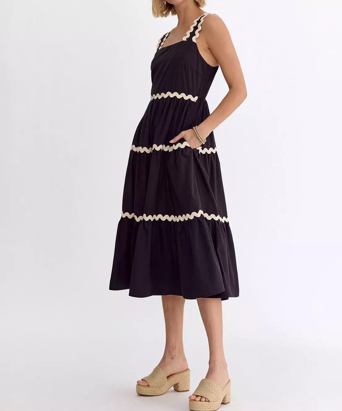 Square Neck Midi Dress with Rick Rack Trim - Black