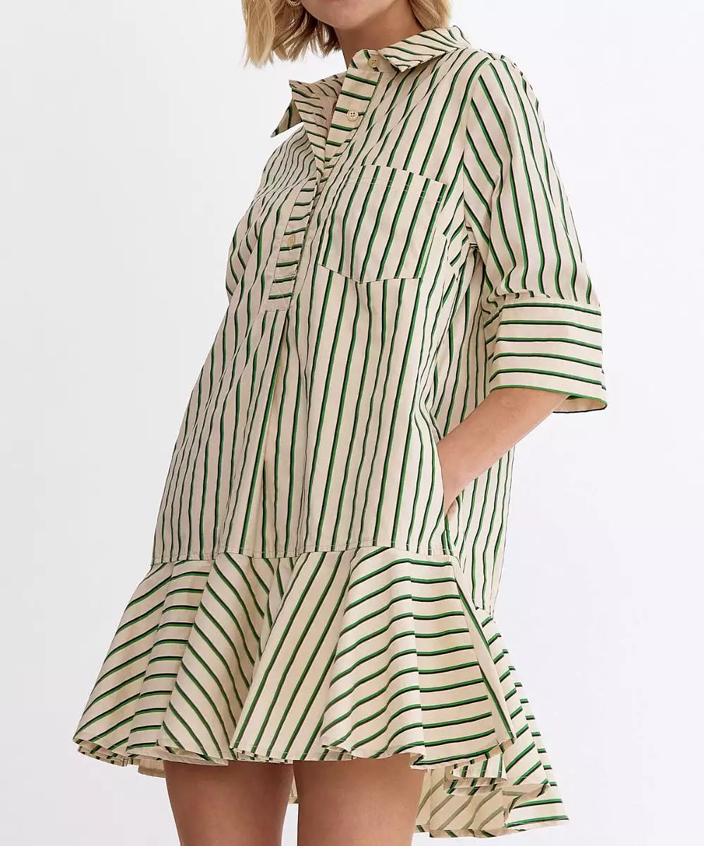 Stripe Button Front Mini Dress - Green OR Light Pink