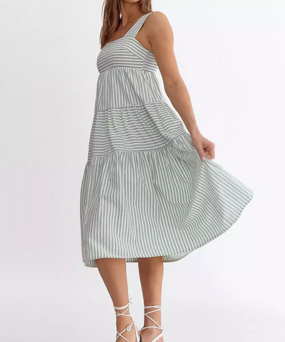 Stripe Square Neck Midi Dress - Green