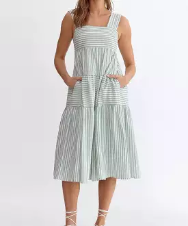 Stripe Square Neck Midi Dress - Green