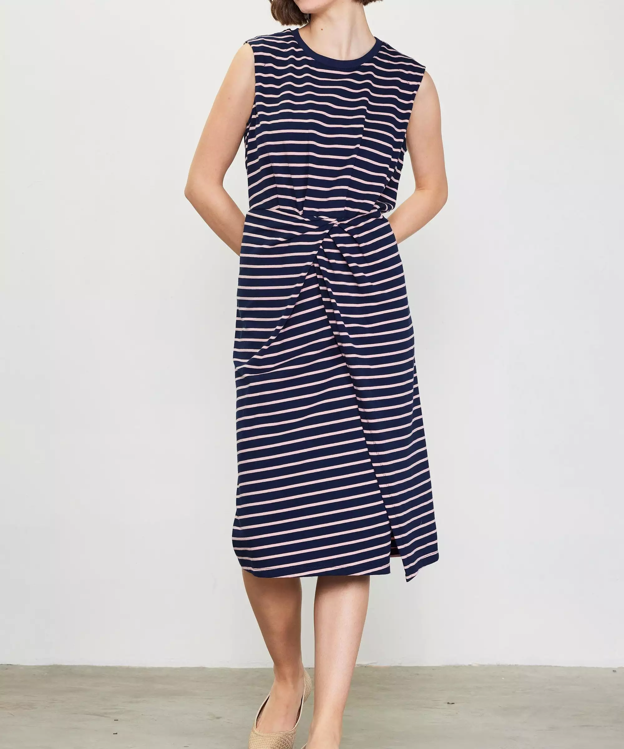 Striped Twisted Knot Midi Dress - Navy/Pink