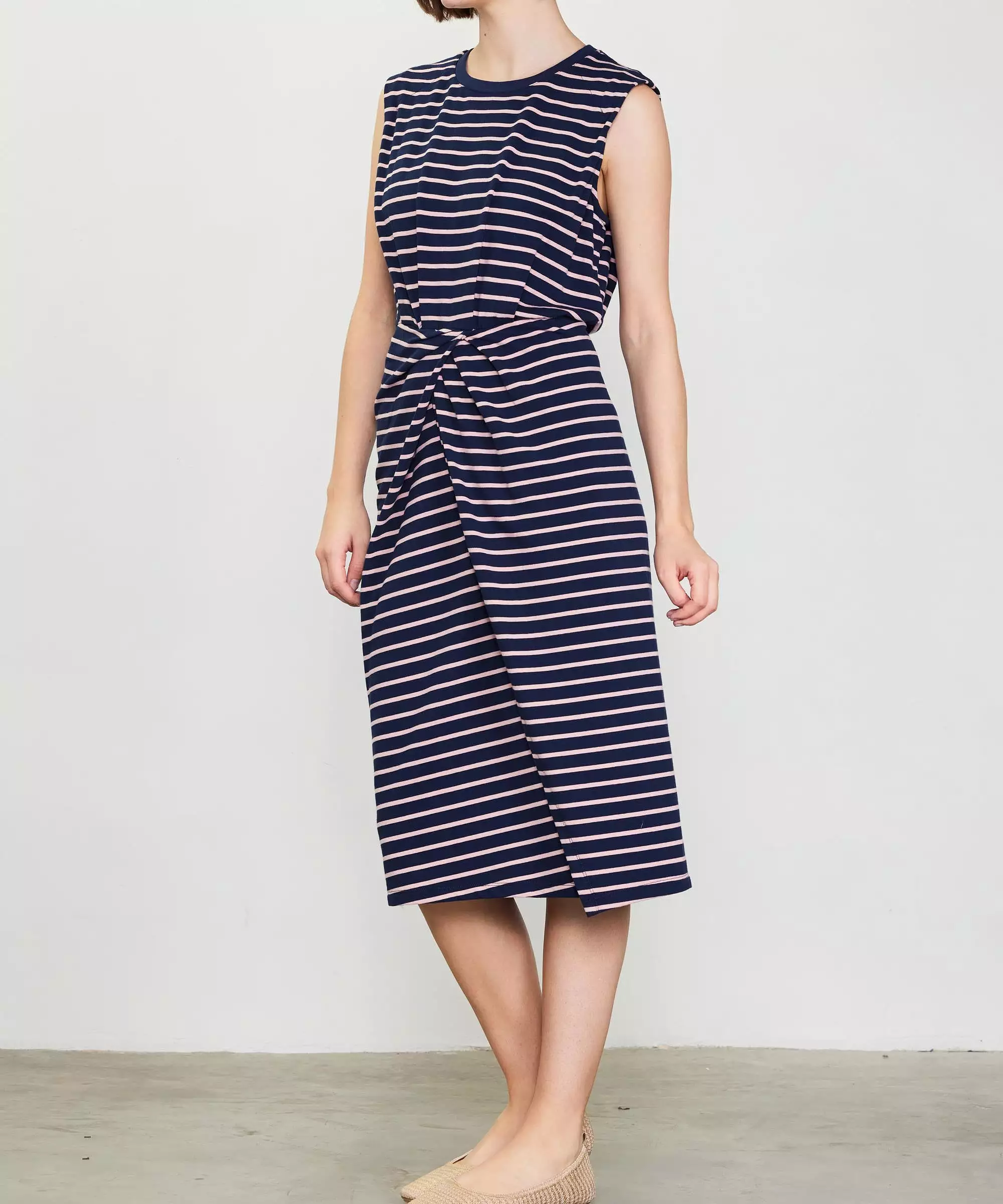 Striped Twisted Knot Midi Dress - Navy/Pink