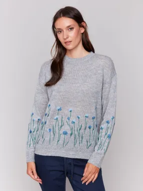 Sweater with Embroidered Flowers - Grey