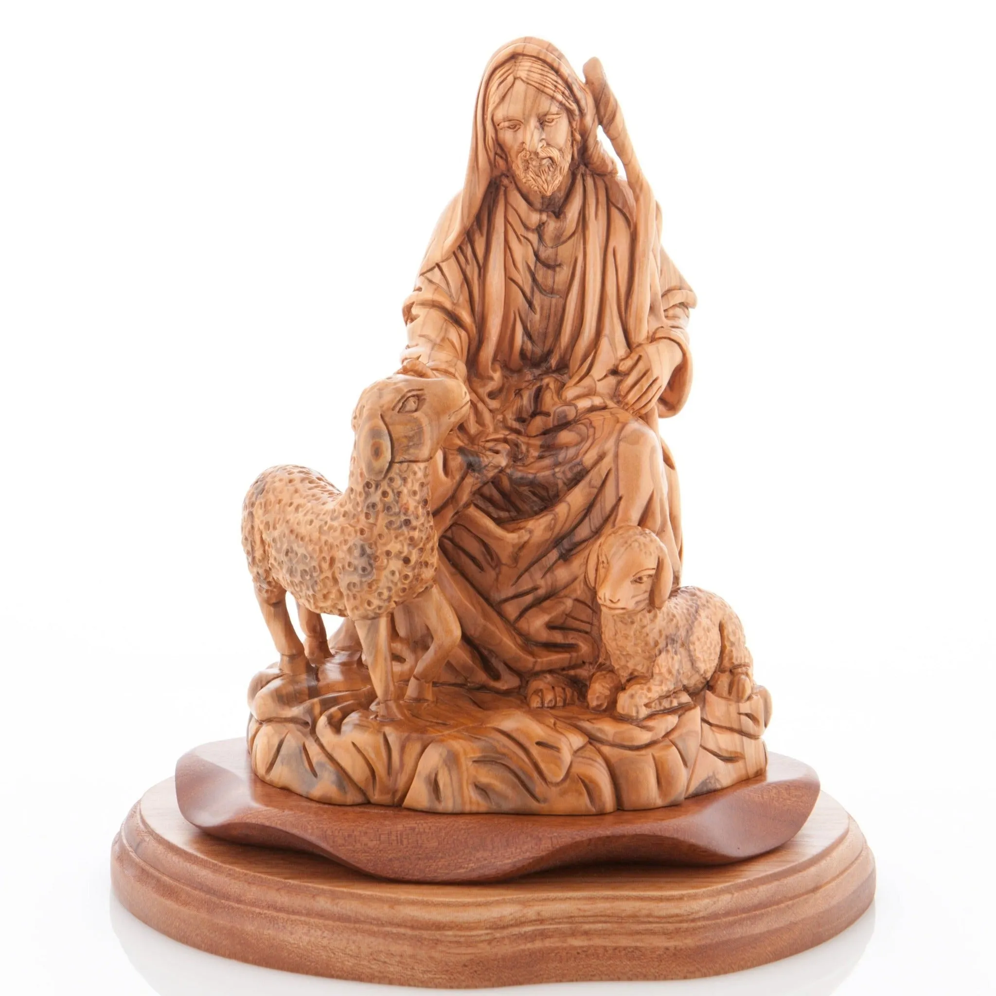 The Good Shepherd, Jesus Christ, with 2 Sheep, 9.3 Carved Sculpture