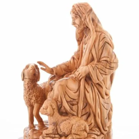 The Good Shepherd, Jesus Christ, with 2 Sheep, 9.3 Carved Sculpture