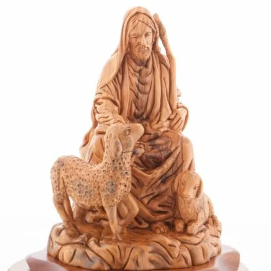 The Good Shepherd, Jesus Christ, with 2 Sheep, 9.3 Carved Sculpture