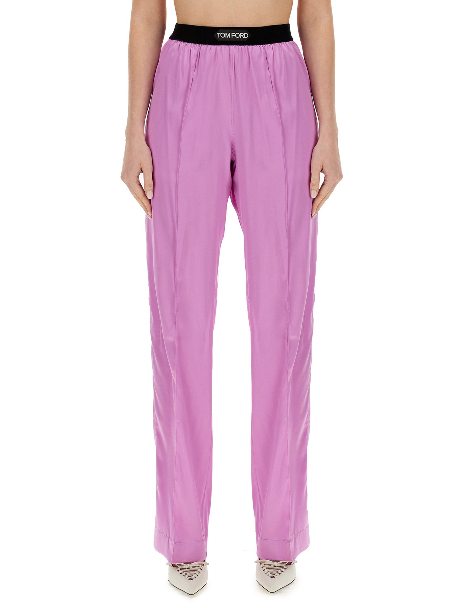 TOM FORD    STRETCH SILK SATIN LOGO PANTS