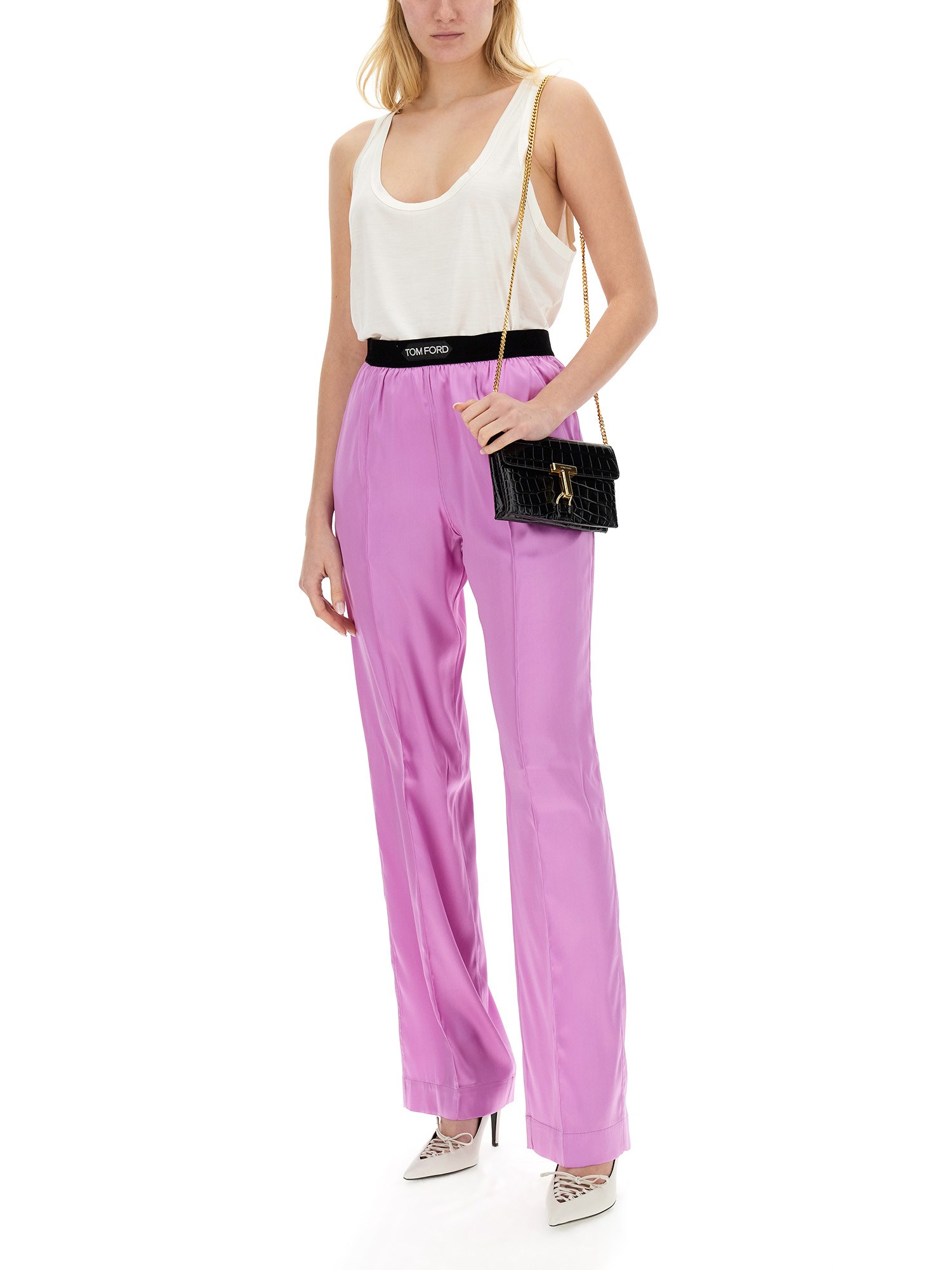 TOM FORD    STRETCH SILK SATIN LOGO PANTS