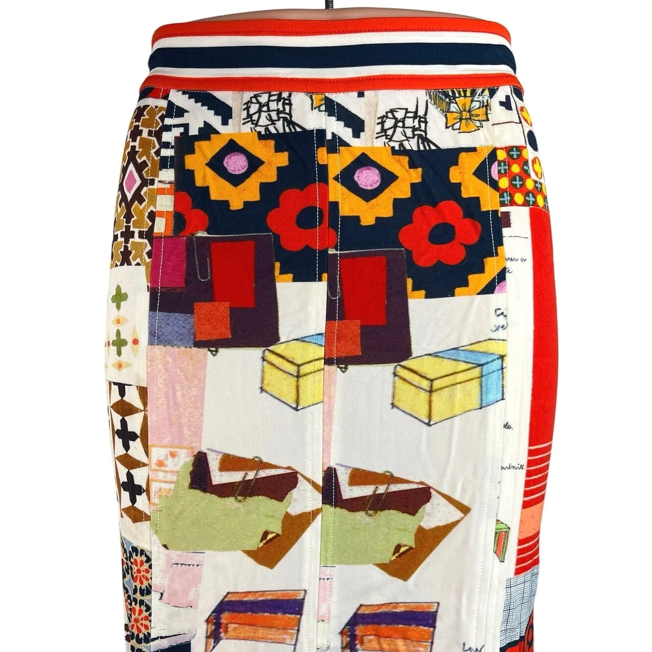 Tory Burch Multicolor Geometric Print Stretch High Waisted Flare Midi Skirt Sz S