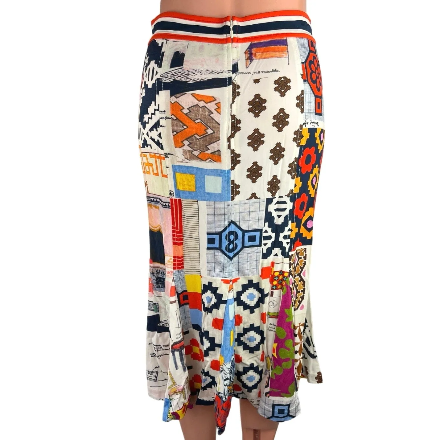 Tory Burch Multicolor Geometric Print Stretch High Waisted Flare Midi Skirt Sz S